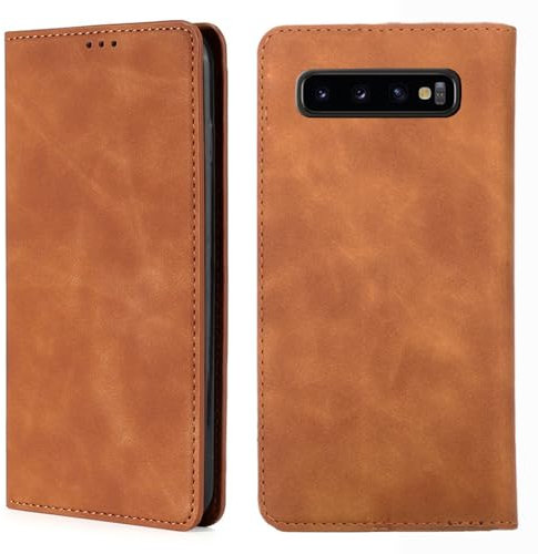 Xylota Funda para Samsung Galaxy S10 Plus 6.4, Premium PU Cuero Carcasa, con Ranura para Tarjeta Soporte Capa Tipo Flip Case Wallet, Antigolpes Anti-Arañazos Cierre Magnético Flip Case, Marrón