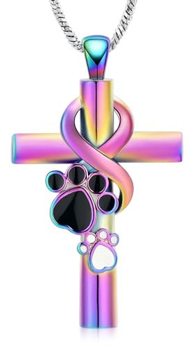QGJNSGC Pfotenabdruck Kreuz Einäscherungs-Schmuck für Haustier Infinity Cross Urn Halskette für Asche Keepsake Loved One Memorial Schmuck für Hund/Katze Asche (Regenbogen)