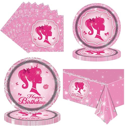 CENLBJ Pink Girl Party Plates Supplies,Girl Princess Party Decoration,Paper Plates Napkins Tablecloth Tableware for Princess Doll Theme Girl Women Birthday Bachelorette Bridal Shower,Serve 25