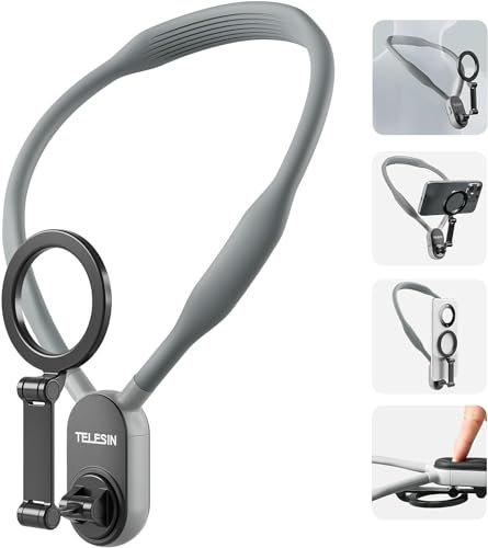 TELESIN Magnetic Neck Mount for Phones, Neck Cell Phone Holder POV/Vlog Selfie Mount Hand Free Phone Neck Holder Chest Stand Strap Video Recording for iPhone 15 14 13 12 Seires Android Phones(Gray)