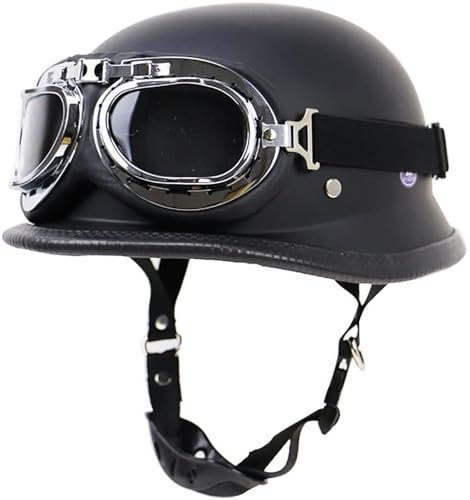 Demi-Casque de Moto De Style Allemand Rétro Demi-Coque Casque Jet Vintage Approuvé Dot ECE for Hommes Et Femmes, Casque de Cyclomoteur Casque de Scooter avec Lunettes (Color : Matt Black, Size : L=(