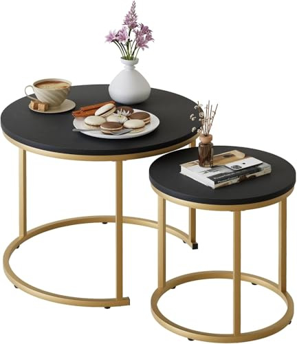 Huhote Round Coffee Tables, Set of 2 End Table, Nesting Tables, Side Table | Metal Gold Frame for Living Room/Bedroom/Balcony/Office/Apartment, Diameter 23.6/15.7 IN, Black Top, Prevent right angles