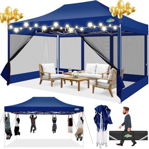COBIZI Pavillon 3x4.5m Faltpavillon 3x4.5m Wasserdicht Stabil, Pop up Pavillon Faltbar, Partyzelt Gartenpavillon, Pavillion Klappbar UV-Schutz mit 4 Seitenwänden aus Mesh,Dunkelblau