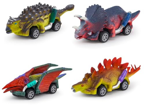 MUYAPAY 4 Stück Dinosaurier Spielzeug Auto Kinder Spielzeug Fahrzeug, Dino Zurückziehen Monster Truck Power Trägheitsbetriebene Fahrzeuge Rennwagen Spielsets für Kinder Geschenk