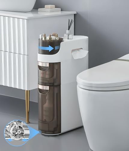 Lozovin 2-Tiers Slim Bathroom Storage Cabinet, Waterproof Narrow Floor Cabinet with Tissue Box and Wheels, Skinny Storage Organizer with Drawers for Small Spaces, Bathroom, Kitchen, Bedroom, 6.7″