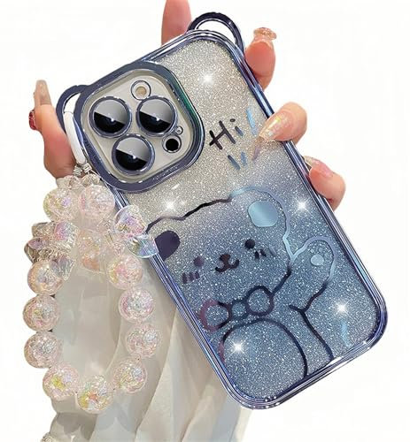 Tybiky Compatible with iPhone 11 Glitter Mobile Phone Case Pearls Bow Mobile Phone Chain 3D Bear Ears Case Cute Bear Pattern Pearl Aesthetic Design Camera Protection Case for Girls Women iPhone 11