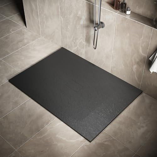 SIRHONA Receveur de Douche, 140 x 100 cm Bac à Douche Antidérapant, Rectangle Noir, Matériau en Résine SMC, avec siphon