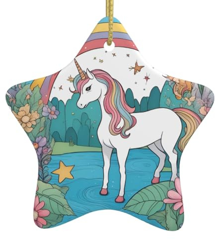 Einhörner am Fluss Stern geformt Keramik Weihnachtsbaum Hängende Anhänger - Andenken Xmas Geschenk - Ideal für Home Party, Einkaufszentren