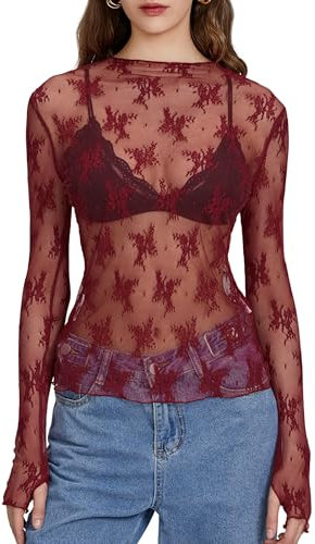 LYSINK Womens Y2k Sheer Lace Tops Summer Slim Fit Long Sleeve See Through Mesh Coverups Blouse Aesthetic Coquette Shirt (A-Wine Red, S)