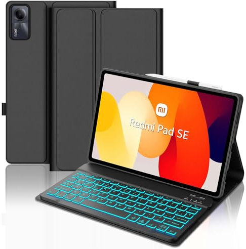 SENGBIRCH Funda con Teclado para Xiaomi Redmi Pad SE, Magneticamente Desmontable, Español Ñ Funda Teclado QWERTY Diseño Retroiluminación para Redmi Pad SE 11 Pulgadas 2023, Negro