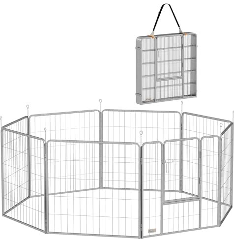 PawHut Welpenlaufstall 8-TLG Welpenauslauf mit 8 Gitterplatten Tür Erdspießen flexibel Schutzplane Freilaufgehege 80 cm hoch Hundelaufstall Laufstall Für Hund Katze Welpe Laufgitter für draußen