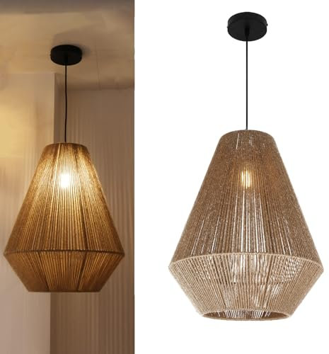 Alpinaluz Lámpara Colgante de Cuerda Natural Mullar – Pantalla de Yute Trenzado, Portalámparas E27, Altura Ajustable, Estilo Boho para Salón, Dormitorio, Cafetería y Restaurantes
