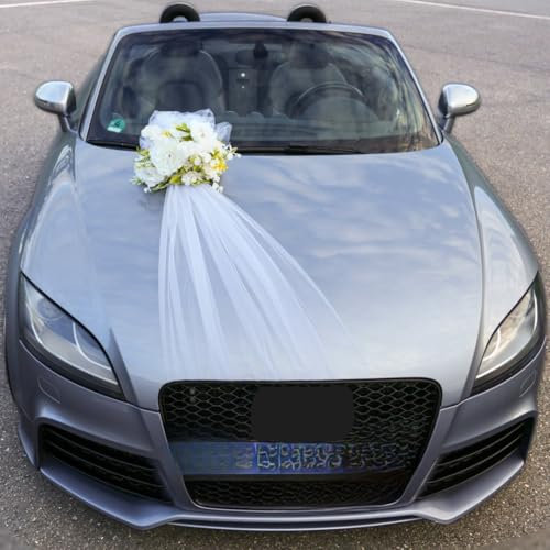 KerryMerry Autoschmuck Hochzeit, Hochzeitsdeko Autoschleife mit Blumen, Wedding Decoration, Just Married (Biege)