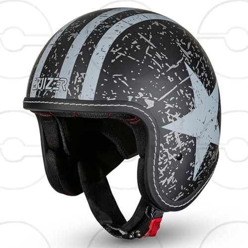 Cruizer Casco Jet Moto Scooter Omologato Nero Opaco Stella Bianca (M)
