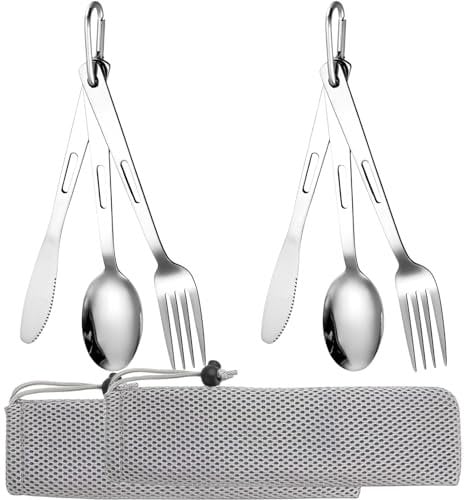 2 Personen Tragbare Edelstahl Camping Besteck Reisebesteck mit Etui und Karabinerhaken, Outdoor Camping Picknick Besteck Set für Wanderungen und Abenteuer