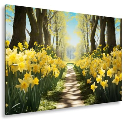 deyoli Leinwandbild Ein Blütenpfad ins Licht – Frühling tanzt im Wald. Format: 100x70cm XXL Kunstdruck Bild auf Keilrahmen/Wandbild/Wohnzimmer Dekoration
