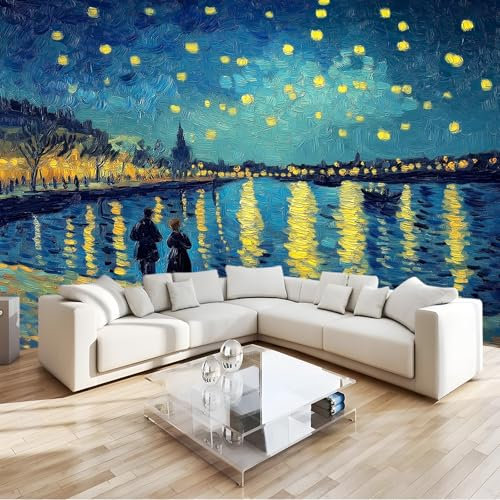 Fototapete Van Gogh, Sternenhimmel, Nachtszene Vlies 5D Tapeten Moderne Wandtapete 300 x 210 cm Wohnzimmer Schlafzimmer Blau (warmer Ton)