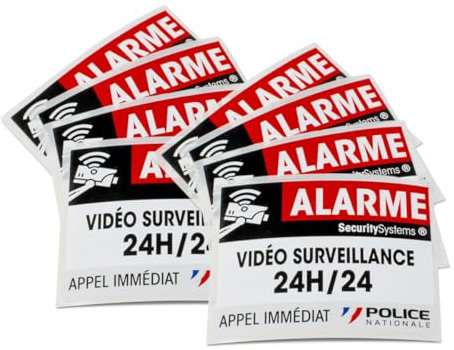 Lot de 8 autocollants dissuasifs - Alarme + Vidéo-surveillance 24h/24-8 x 6 cm Haute qualité, résistance pluie et UV fabrication française (8)
