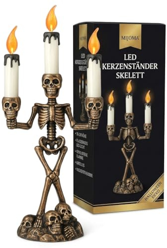 MIJOMA LED Kerzenständer Skelett mit Totenköpfen 36cm – Halloween Dekoration mit flackerndem Licht für Party, Gruselhaus & Tischdeko
