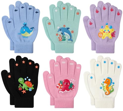 TAGVO Guanti in Maglia Invernali per Bambini, 6 Paia Guanti Magici da Corsa Ciclismo Sci in Caldi Elastico e Confortevole con Motivi Oceanici Cartoon, Guanti per 5-10 Anni Ragazzi e Ragazze
