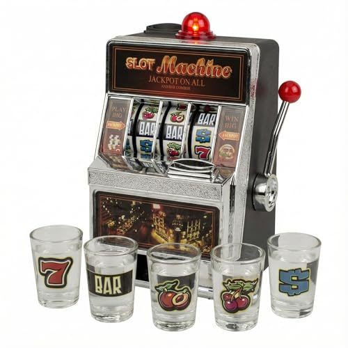 MIJOMA Slot Machine Trinkspiel – Mini-Spielautomat mit 5 Shotgläsern – Trinkspiel für Erwachsene – Casino Party Deko – Batteriebetrieben Gadget