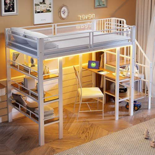 Merax Lit mezzanine 90x200 cm, avec bande luminière LED et prise de courant, lit métallique avec étagère à livres, bureau et échelle de rangement, lit simple multifonctionnel avec échelle amovible