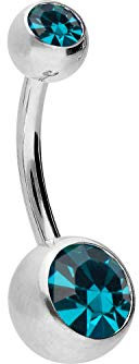 PIERCINGLINE Piercing de ombligo de acero quirúrgico de 2 cristales - Bananabell Piercing en color plata | Color del cristal azul circón
