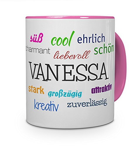 printplanet Tasse mit Namen Vanessa - Positive Eigenschaften von Vanessa - Namenstasse, Kaffeebecher, Mug, Becher, Kaffeetasse - Farbe Rosa