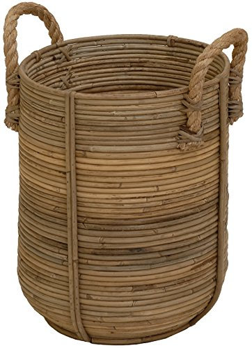 Retro-Design Dekokorb/Handtuch-Korb Bad/Tragekorb für Spielzeug/Aufbewahrungskorb mit Seil-Griffen/Flechtkorb aus Natur Rattan Grau/Holzkorb, Korb Box Henkel Aufbewahrung (Klein)
