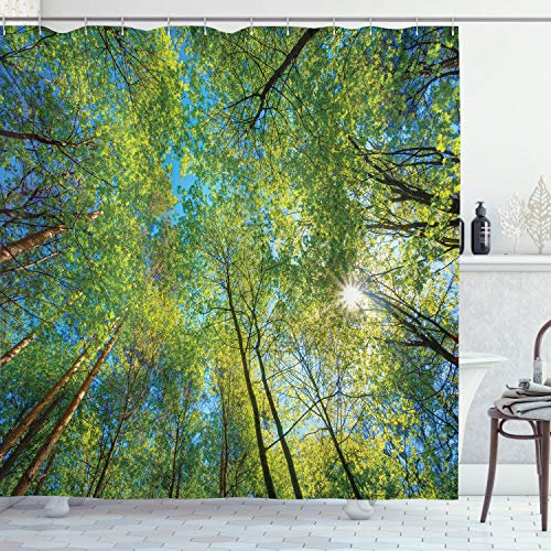 ABAKUHAUS Wald Duschvorhang, Willow Flora in der Natur, Stoffliches Gewebe Badezimmerdekorationsset mit Haken, 175 x 240 cm, Grün