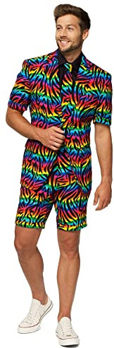 OppoSuits Herren Men Suit Business-Anzug Hosen-Set Inklusive Shorts, Kurzarmjacke & Krawatte, Wild Rainbow, 54 EU