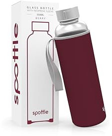 spottle Trinkflasche aus Glas 1l - Glasflasche 500ml - 750ml - 1 liter mit Neoprenhülle - Schutzhülle - Glastrinkflasche mit Schraubverschluss (Berry (Alt), 550 ml)