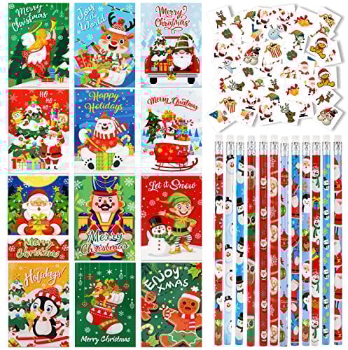 HOWAF Weihnachten Bleistift mit Radiergummi und Klein Notizblock Weihnachten, Tattoos für Kinder Weihnachts Geschenke Give Away Weihnachten Mitgebsel, Adventskalender, Kindergeburtstag, Piñata