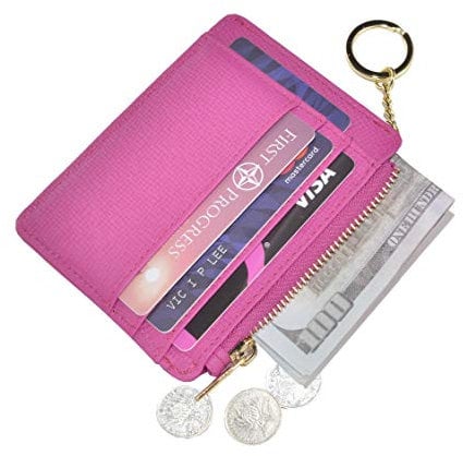 ehsbuy Porta Carte Credito Sottile Portatessere per Donna Ragazza Bimba, Portamonete con Cerniera Portachiavi, Portafoglio Donna Piccolo Pelle (Rosa a tratteggio incrociato)