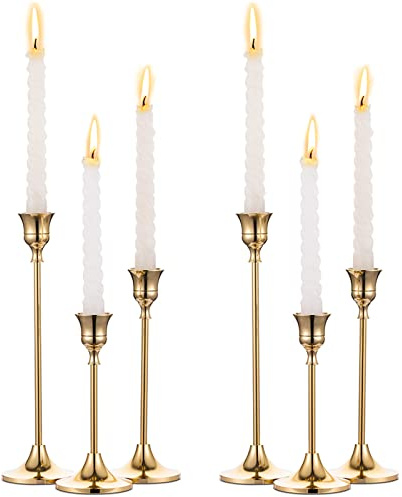 2 Sets(6 Pcs) Brass Gold Metal Taper Candle Holders Candlestick Holders, Vintage Modern Decorative Centerpiece Candlestick Holders for Table Mantel Wedding Housewarming Gift