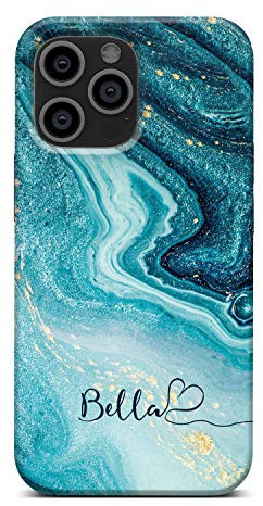 iCaseDesigner Personalised Marble Glitter Flowing Name with Heart Phone Case for Apple iPhone 11 Pro - 6. Turquoise Sparkle Swirl Name