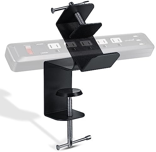 CLOOLC Desk Clamp Power Strip - 6 AC Outlets, Black Metal & Rubber, Fits 1.96 to 2.55 Width, Adjustable, Space Saving, Mountable