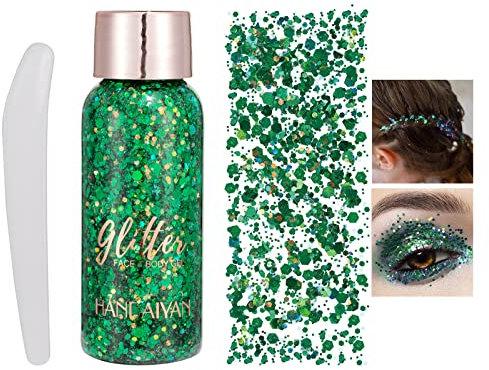 KöRper Glitzer Gel Glitter Liquid Face Body Glitter Gel Festival Glitter Mermaid Sequins Chunky Glitter Liquid Gesicht Haar Make-up Long Lasting Sparkling mit 1 LöFfel Grün