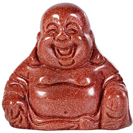 KYEYGWO Goldsandstein Geschnitzte Edelstein Lachender Buddha Figur, Heilung Kristall Glücksbuddha Stein Talisman Maitreyabuddha Statuen Fengshui Skulptur Ornament für Dekoration Glücksbringer