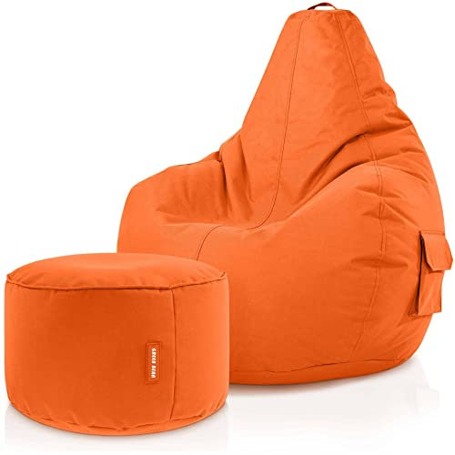 Green Bean 2er Set Sitzsack + Hocker - fertig befüllt - robust waschbar schmutzabweisend - Kinder & Erwachsene Bean Bag Bodenkissen Lounge Sitzhocker Relax-Sessel Gamer Gamingstuhl Pouf - Orange