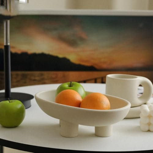 WENSHUO Three-Legs Ceramic Fruit Bowl for Kitchen Counter,10-inch Oval Large Fruit Bowls or Fruit Basket for Breads, Snacks,Vegetables,Salad,Cream