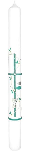 Wiedemann Kerzen Kommunionskerze Blütenranke grün-weiß, Kelch, Fische 400 x Ø 35 mm mit individueller Namensverzierung aus Wachsbuchstaben