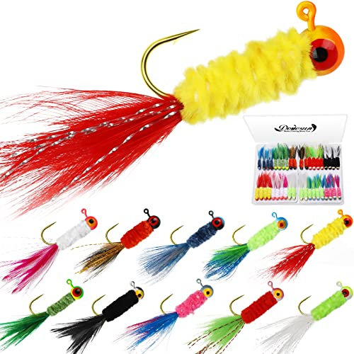 Dovesun Jigköpfe mit Feder Handgeknüpft Marabu Jigs Fliegenfischer-Köder 10 Farben 1.75g Angeln Jig Köpfe für Panfish Sonnenbarsch Walleye 40 Stück