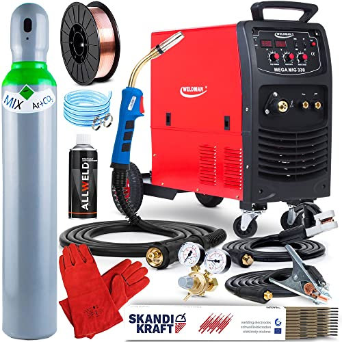 WELDMAN MEGA MIG 330-330 A Schutzgasschweißgerät 400V 16,5-27,5V - MIG, MMA, FLUX - Induktivität, Lötschweißen - 2T/4T, Fahrgestell, 4x4-Zuführung - IGBT, Set: Professional