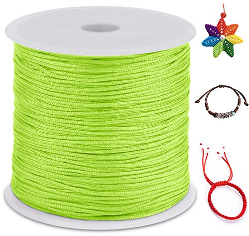 LEREATI Cola de Raton 0.8mm x 100m Cuerda Nylon Cordón de Satén Nailon, Hilo Macrame para Hacer Pulseras, Reborde, Joyería, Anudado Chino (Verde Fluorescente)