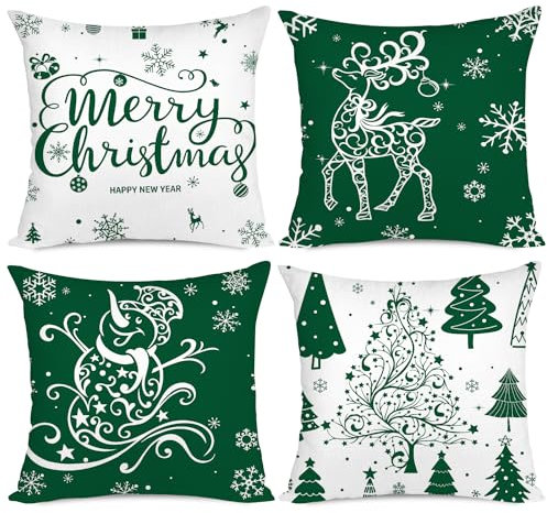 Miaikoe Weihnachtskissenbezüge 50x50 Set von 4 Weihnachtsdekoration Bäume Hirsch Schneemann Frohe Weihnachten Dekorative Urlaub Bauernhaus Kissenbezüge für Urlaub Weihnachtsdekoration (Grün)