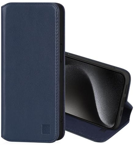 32nd Classic Series 2.0 - Real Leather Book Wallet Flip Case Cover For Apple iPhone 15 Pro (6.1), With RFID Blocking Card Slot, Magnetic Closure and Built In Stand - Navy Blue