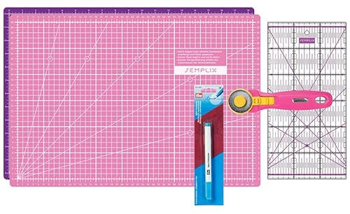 SEMPLIX Schneidematten Set - Schneideunterlage 45 x 30 cm (A3), Rollschneider Maxi, Patchwork Lineal + PRYM Aqua-Trickmarker (Pink/Lila)