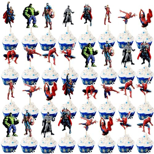 Superhero Tortendeko, Spider Tortendeko, 48PCS Kuchen Deko, Spider Cake Topper, Superhero Muffins Deko, Tortenaufleger, Geburtstag Deko, Cupcake Topper Dekoration, für Kinder