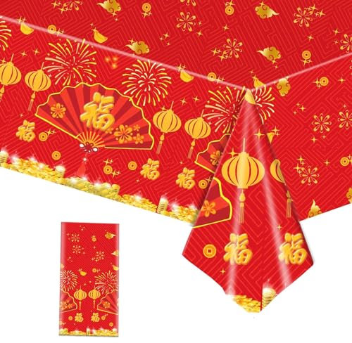 Nouvel an Chinois Nappe, Rouge Oriental Festival Lunaire, Fan Linge de Table Rectangulaire pour Salle à Manger Décor de Cuisine, 137 cm x 274 cm Table Rectangulaires en Plastique à Thème Asiatique